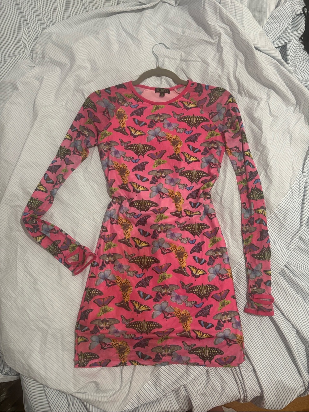 Bright Pink Butterfly-Print Long-Sleeve Dress